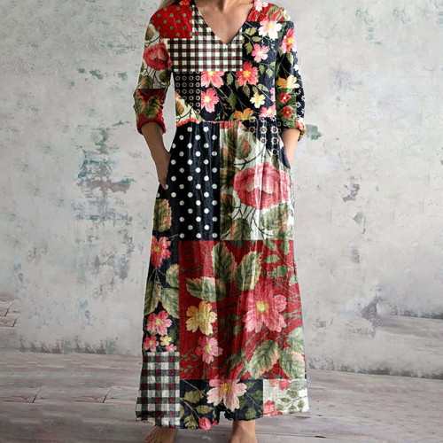 Vintage Japanese Art Flower Print V-Neck Casual Midi Dress
