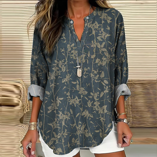 Vintage Japanese Art Flower Print V-Neck Loose Blouse