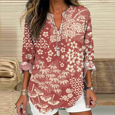 Vintage Japanese Art Flower Print V-Neck Loose Blouse
