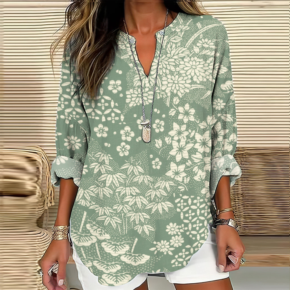 Vintage Japanese Art Flower Print V-Neck Loose Blouse