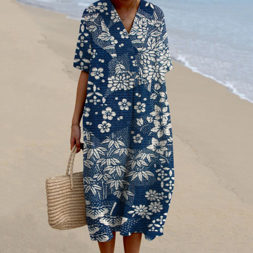 Vintage Japanese Art Flower Print V-Neck Short Sleeve Loose Midi Dress