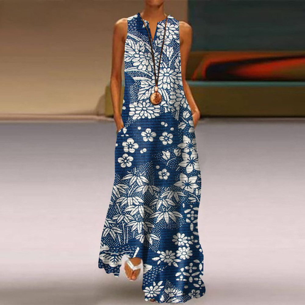 Vintage Japanese Art Flower Print V-Neck Sleeveless Maxi Dress