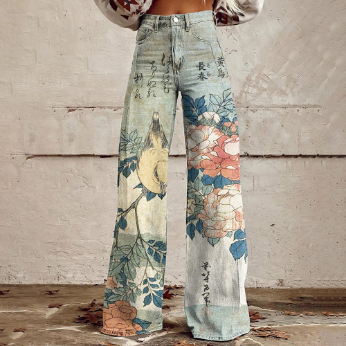 Vintage Japanese Art Flower Print Wide Leg Jeans