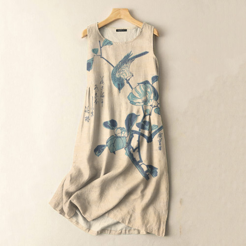 Vintage Japanese Art Flowers And Birds Print Sleeveless Cotton And Linen Midi Dress