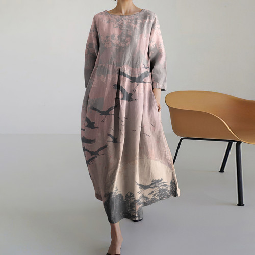 Vintage Japanese Art Flying Bird and Landscape Print Midi Dress