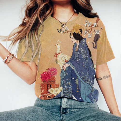 Vintage Japanese Art Geisha Round Neck Casual T-Shirt