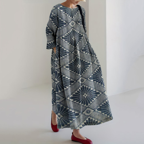Vintage Japanese Art Geometric Print Casual Midi Dress