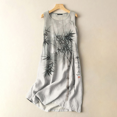 Vintage Japanese Art Ink Bamboo Print Sleeveless Cotton And Linen Midi Dress