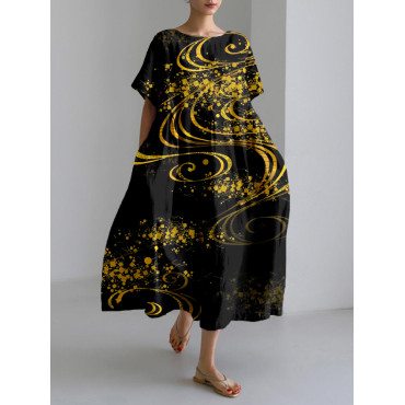 Vintage Japanese Art Linen Blend Cozy Maxi Dress