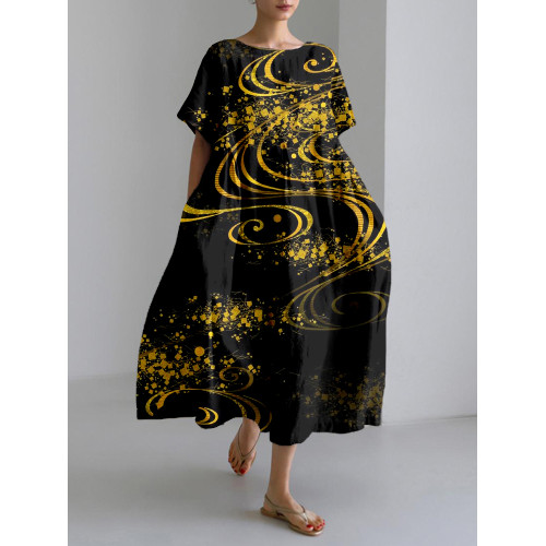 Vintage Japanese Art Linen Blend Cozy Maxi Dress