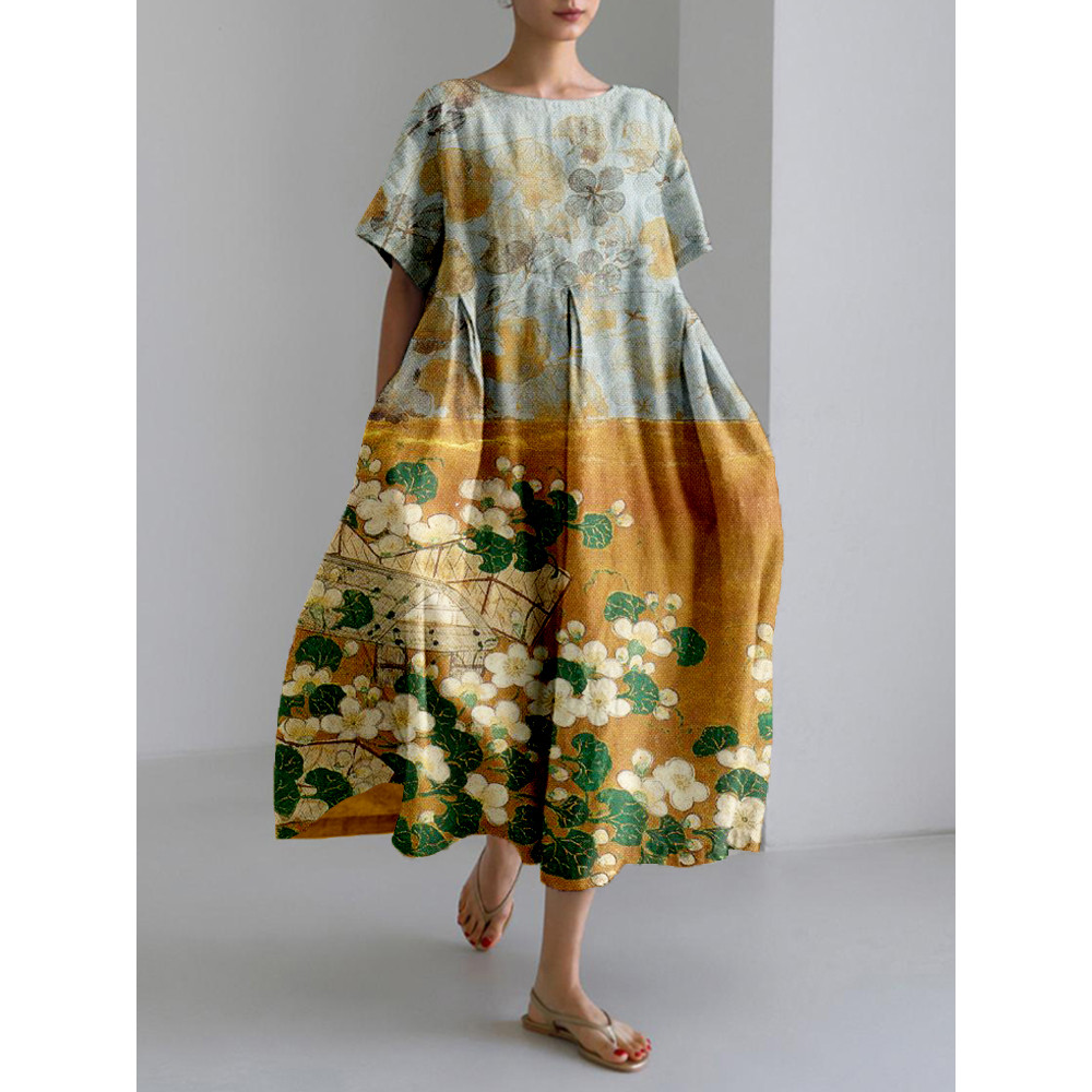Vintage Japanese Art Linen Blend Maxi Dress