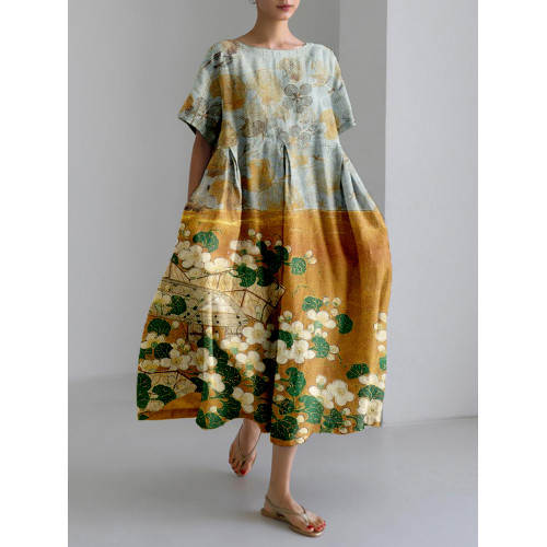 Vintage Japanese Art Linen Blend Maxi Dress