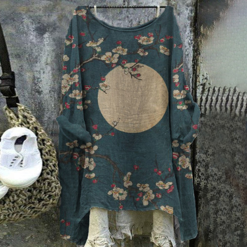 Vintage Japanese Art Moon Cotton Linen Round Neck Casual Shirt