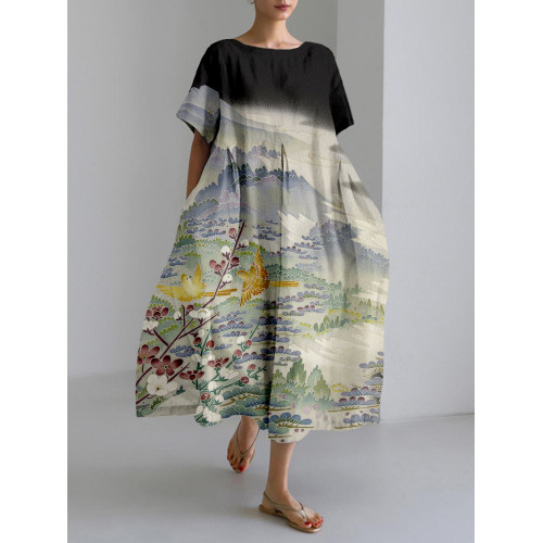 Vintage Japanese Art Painting Pattern Linen Blend Maxi Dress