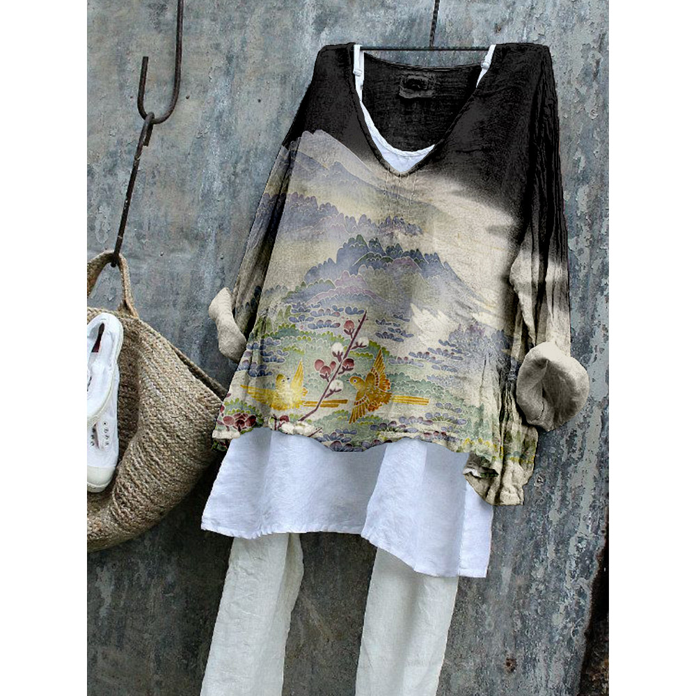 Vintage Japanese Art Painting Pattern Linen Blend Shirt