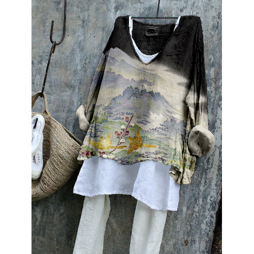 Vintage Japanese Art Painting Pattern Linen Blend Shirt