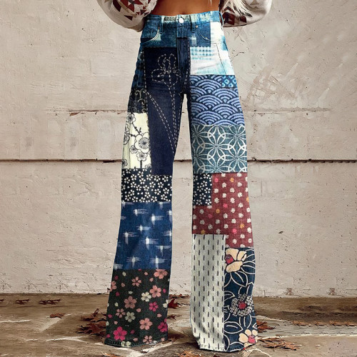 Vintage Japanese Art Patch Casual Wide Leg Jeans