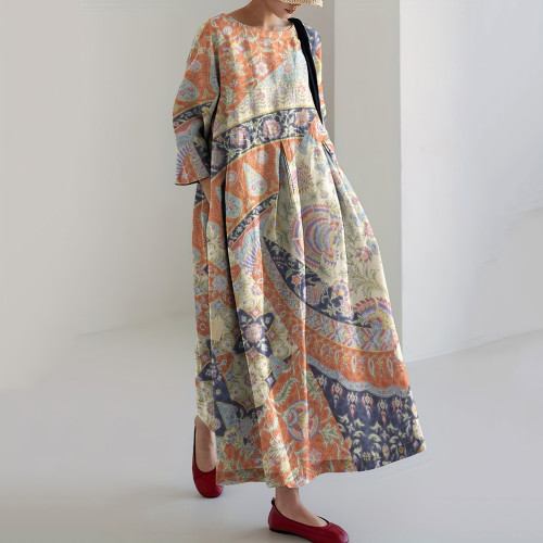 Vintage Japanese Art Print Linen Blend Loose Midi Dress