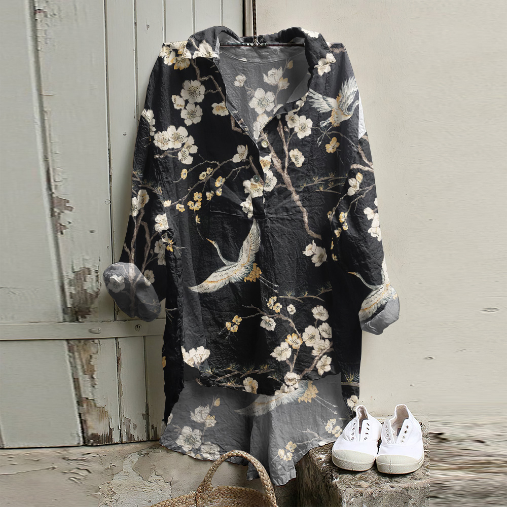 Vintage Japanese Art Print Long Sleeve Casual Shirt