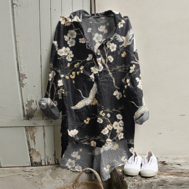 Vintage Japanese Art Print Long Sleeve Casual Shirt