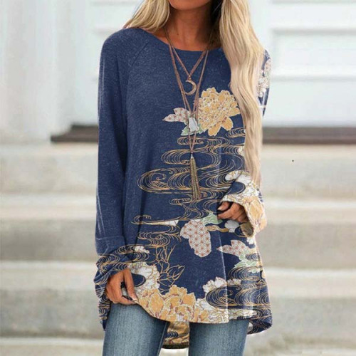 Vintage Japanese Art Print Long Sleeve Casual Tunic