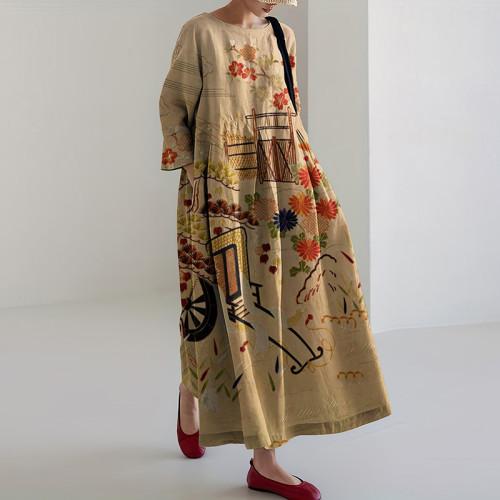 Vintage Japanese Art Print Loose Midi Dress