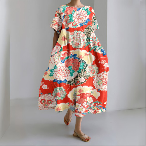 Vintage Japanese Art Print Round Neck Loose Casual Midi Dress