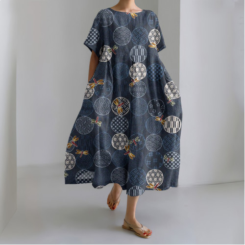 Vintage Japanese Art Print Round Neck Loose Midi Dress