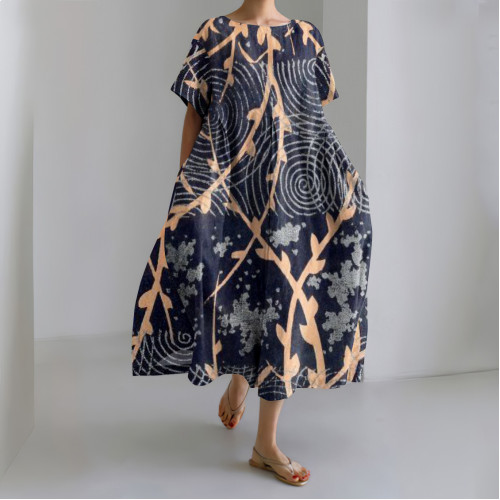 Vintage Japanese Art Print Round Neck Loose Midi Dress