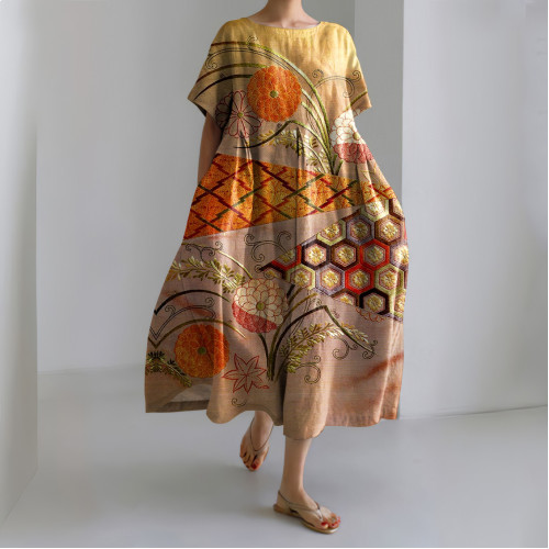Vintage Japanese Art Print Short Sleeve Loose Midi Dress