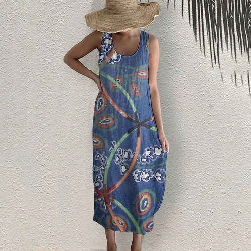 Vintage Japanese Art Print Sleeveless Midi Dress