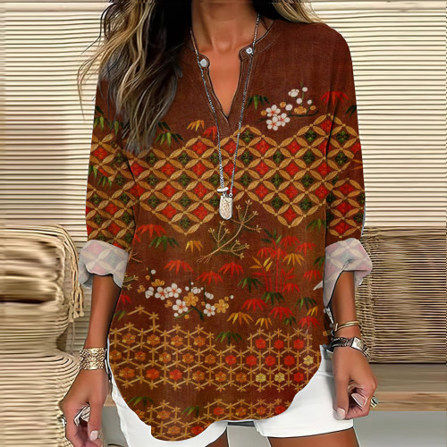 Vintage Japanese Art Print V-Neck Long Sleeved Blouse