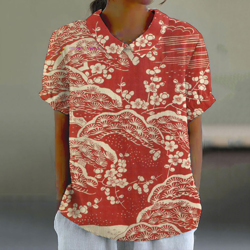 Vintage Japanese Art Printed Casual Short Sleeve Shirt