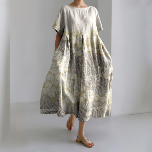 Vintage Japanese Art Printed Crew Neck Casual Midi Dress