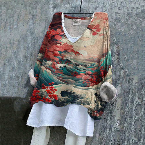 Vintage Japanese Art Printed V-Neck Long Sleeve T-Shirt