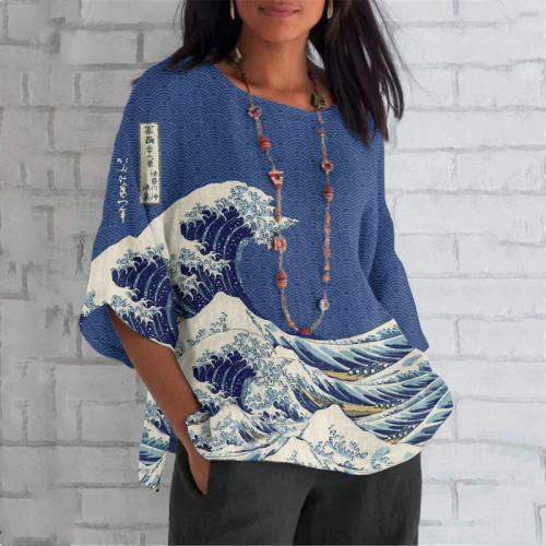 Vintage Japanese Art Round Neck Casual Blouse