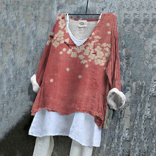 Vintage Japanese Art Sakura Cotton Linen V Neck Comfy Shirt