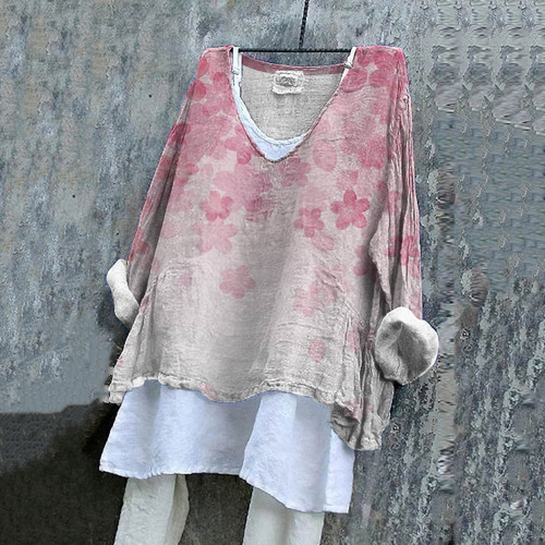 Vintage Japanese Art Sakura Linen V Neck Comfy Shirt