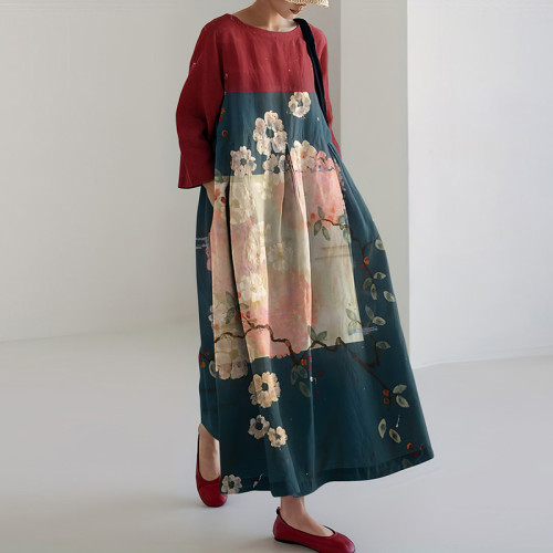 Vintage Japanese Art Sakura Print Casual Midi Dress