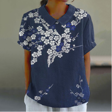 Vintage Japanese Art Sakura Printed Casual Short Sleeve Shirt