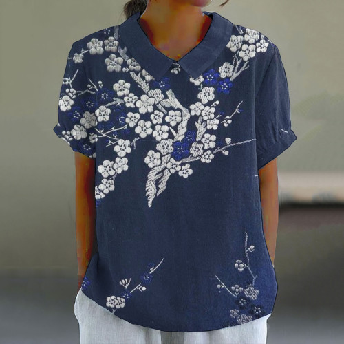 Vintage Japanese Art Sakura Printed Casual Short Sleeve Shirt