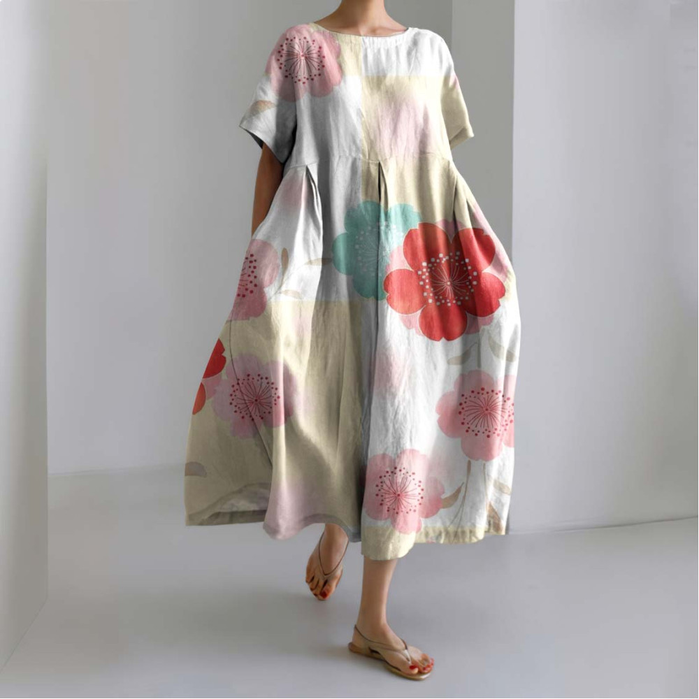Vintage Japanese Art Sakura Printed Linen Blend Midi Dress