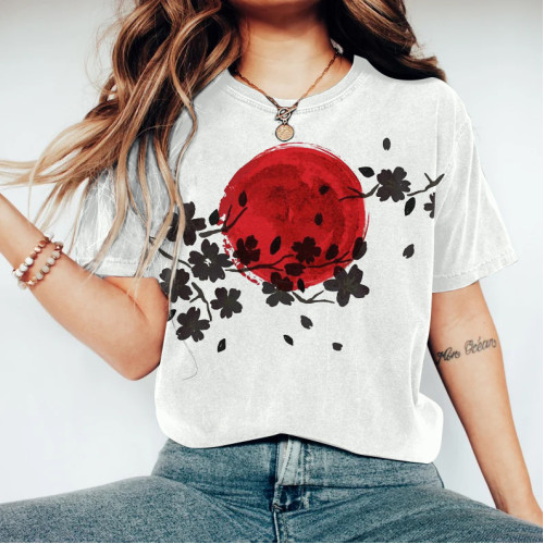 Vintage Japanese Art Sakura Printed Round Neck T-Shirt