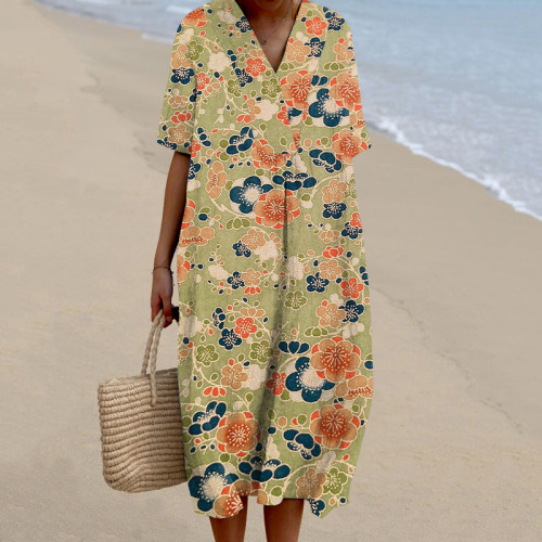 Vintage Japanese Art Sakura Printed V-Neck Loose Midi Dress
