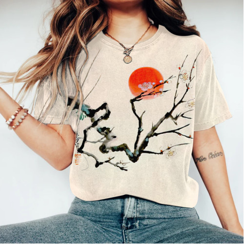 Vintage Japanese Art Sunrise Round Neck Casual T-Shirt