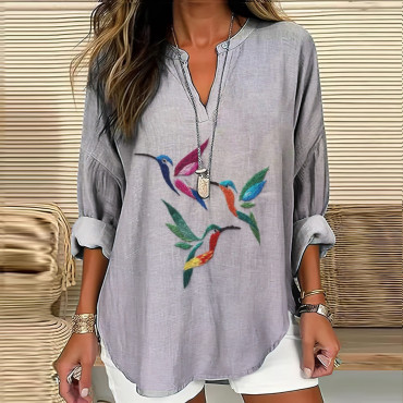 Vintage Japanese Bird Embroidery Art Print Casual Shirt