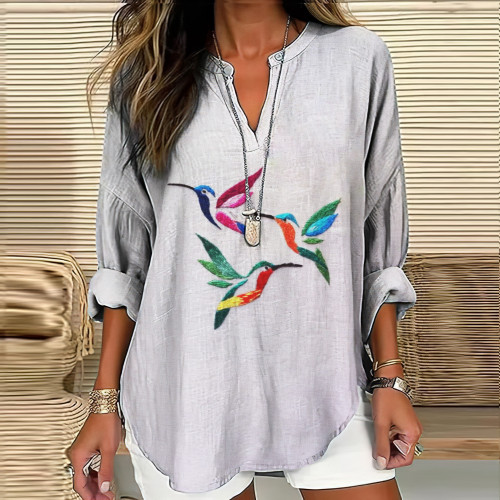 Vintage Japanese Bird Embroidery Art Print Casual Shirt