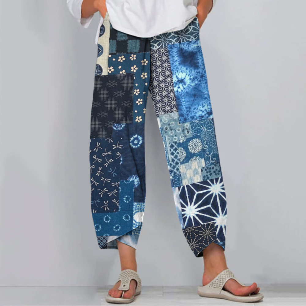 Vintage Japanese Blooming Traditional Sashiko Patchwork Art Cropped Casual Pants