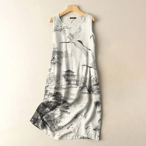 Vintage Japanese Crane Landscape Print Sleeveless Cotton And Linen Midi Dress