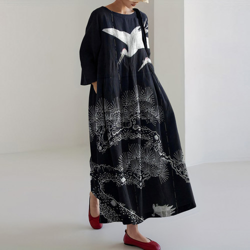 Vintage Japanese Crane Pine Art Print Casual Midi Dress